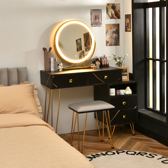 dressing table dark brown Brown Makeup Vanity Table w/ 3-Color LED Lights, Power Outlet, 2-Big Drawers, Dressing Table for Bedroom Dressing Room HL-W509P297015